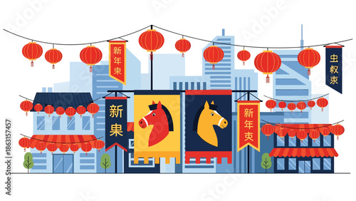 Modern vector illustration of modern city decorated with lanterns and horse zodiac banners for Chinese New Year 2026, festive urban lifestyle celebration scene
