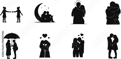 Romantic silhouette collection illustrating various loving moments between couples