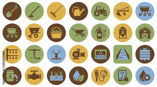 Collection of Agricultural Icons Representing Farming and Gardening Tools and Equipment. EPS Editable