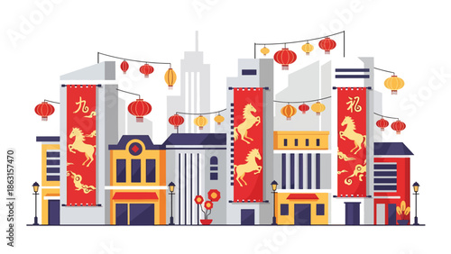 Modern vector illustration of modern city decorated with lanterns and horse zodiac banners for Chinese New Year 2026, festive urban lifestyle celebration scene