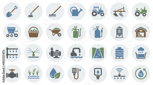 Collection of Agricultural Icons Representing Farming and Irrigation Technology. EPS Editable
