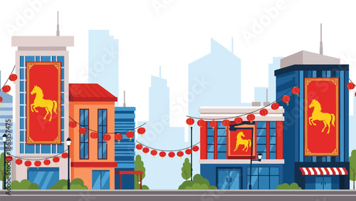 Modern vector illustration of modern city decorated with lanterns and horse zodiac banners for Chinese New Year 2026, festive urban lifestyle celebration scene