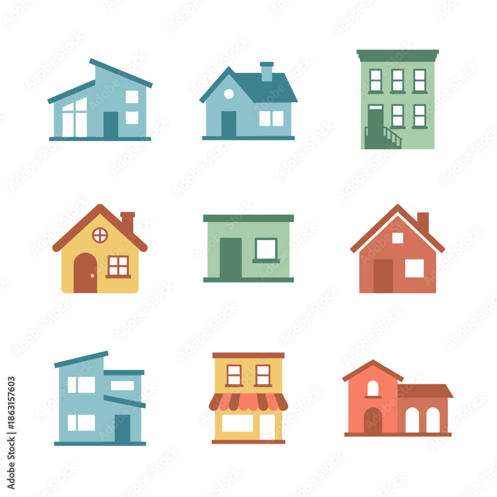 Fototapeta premium Flat Vector Houses in a 3x3 Grid Layout