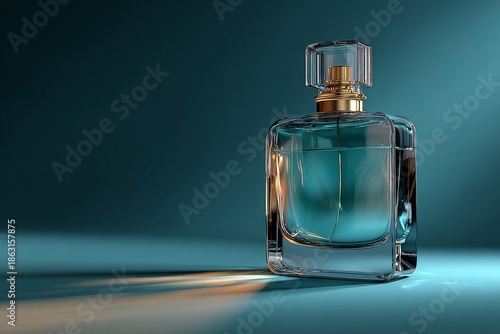 Glass perfume bottle with golden accents holding a blue liquid, reflecting light on a dark background