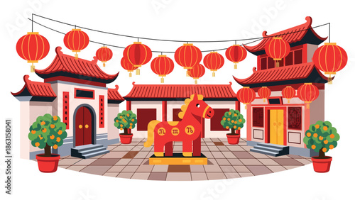 Modern vector illustration of traditional courtyard decorated with lanterns and horse zodiac ornaments for Chinese New Year 2026, welcoming festive home celebration scene