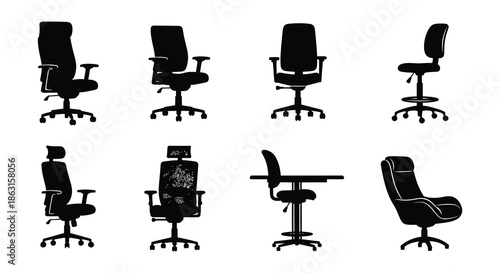 Collection of modern office chairs in various styles and silhouettes