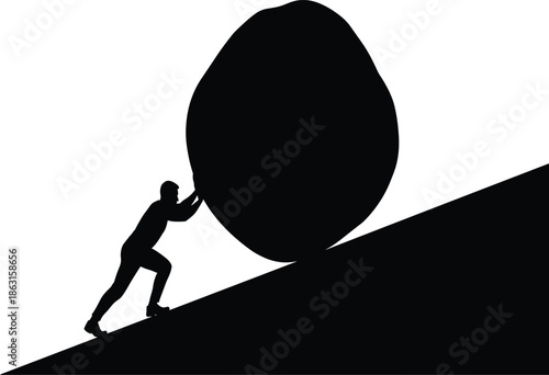 Silhouette of man pushing large heavy boulder up steep hill, concept of Sisyphus myth, endless struggle, hard work, challenge, and perseverance.