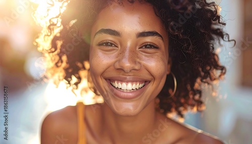 Radiant smile of a young woman in the sunlight.
