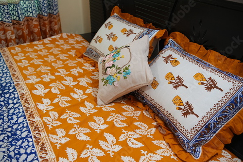 Cozy Bedding with Traditional Block Print and Embroidered Cushions