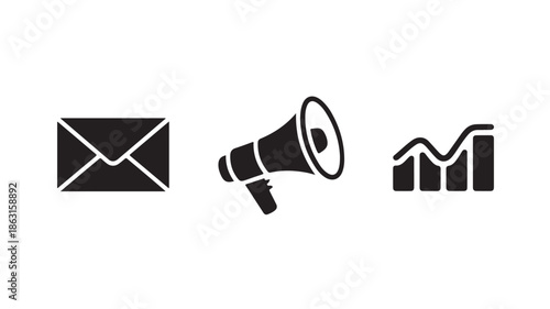 Black marketing icons in simple flat design with bold lines on white background for business presentation