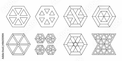 Geometric patterns of interlocking hexagons and triangles in a line art style