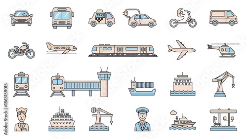 Collection of Diverse Transportation and Logistics Icons. EPS Editable