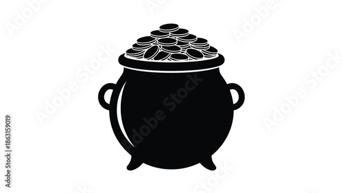 A black pot overflowing with coins a striking graphic silhouette