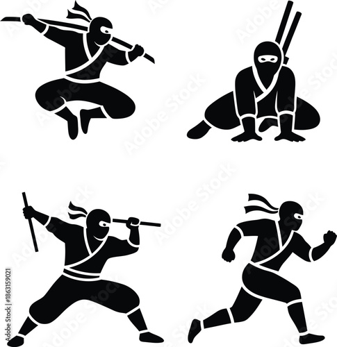 Ninja warrior silhouette collection featuring jumping running and crouching poses with katana sword for martial arts sports logo gaming mascot and graphic design.