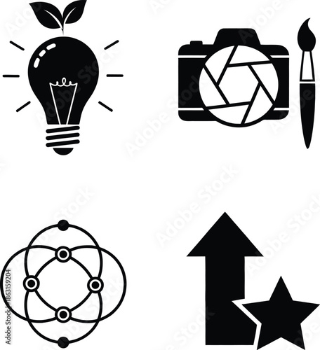Set of black silhouette icons featuring eco lightbulb with leaves, camera with paint brush, atomic molecular structure and growth arrow with star for design.