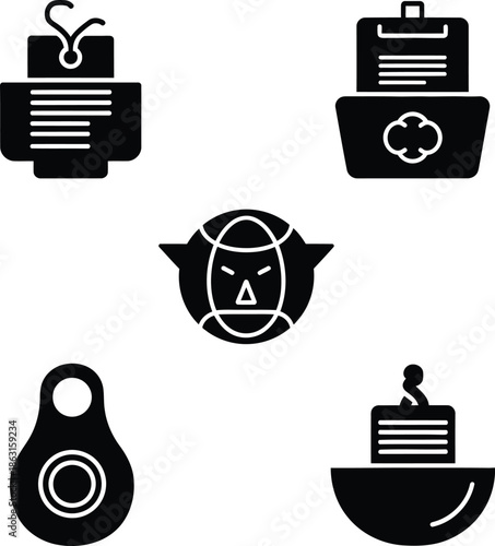 Collection of black silhouette icons including receipt printer, document folder, abstract character face, remote fob and user archive for web interface.