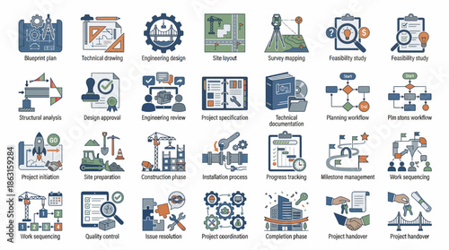 Collection of Flat Icons Representing Business Processes and Project Management Concepts. EPS Editable