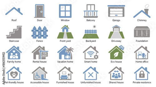 Collection of House and Home Icons Representing Various Aspects of Residential Living. EPS Editable