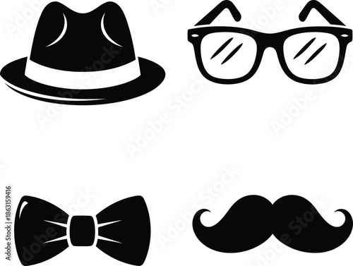 Gentleman fashion accessories set with fedora hat bow tie aviator sunglasses and wrist watch black silhouette icons vector illustration.