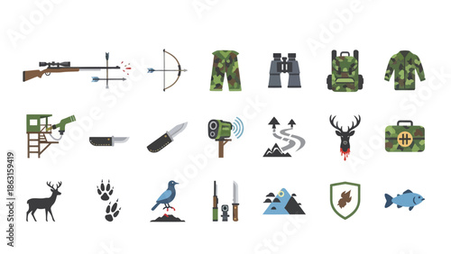 Collection of Hunting and Outdoor Recreation Icons. EPS Editable