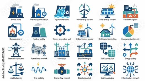 Collection of Icons Representing Energy Sources and Power Distribution. EPS Editable