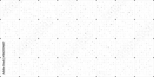 Black random dot grid texture on white background. FUI science grid backdrop. Math or technological notebook blank sheet.