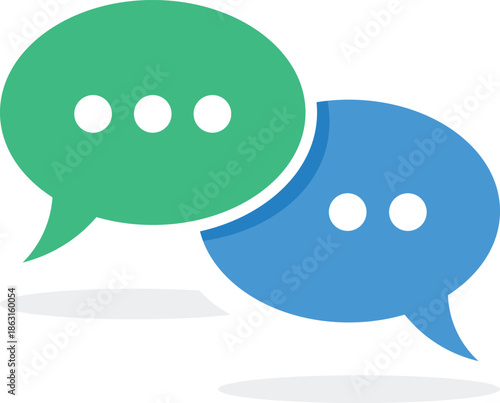 Two overlapping speech bubbles green and blue with white dots chat conversation