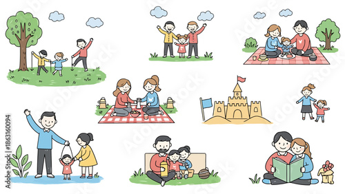 Diverse Family Activities Collection Outdoor Recreation Picnics and Playful Moments