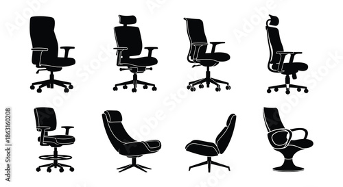 Collection of modern office chairs in various styles and silhouettes