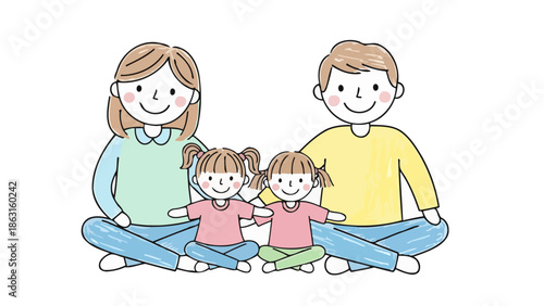 Happy Family Portrait Parents and Two Daughters Sitting Together