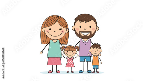 Cartoon Art Style Representation of a Happy Family Unit with Two Children Parents and Siblings Posed Together