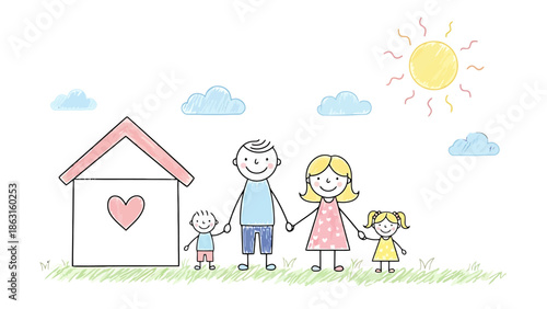 Happy Family Portrait Parents and Children Posing by a Home with a Heart Symbol
