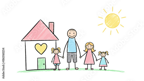 Happy Family Home Setting Sun Drawing Concept