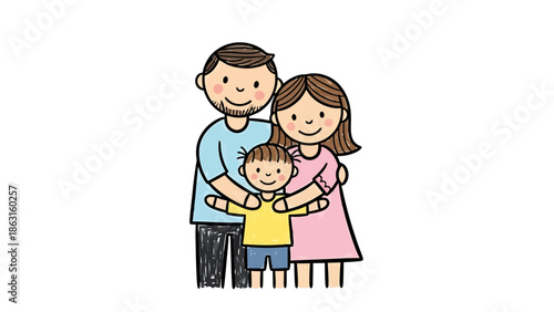 Charming Hand Drawn Depiction of a Happy Family Unit with Parents and a Child