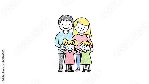 Simple Hand Drawn Family Portrait Parents and Two Daughters Connected by Love and Unity