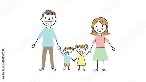 Joyful Family of Four Holding Hands Flat Design Cheerful Parent and Child Figures