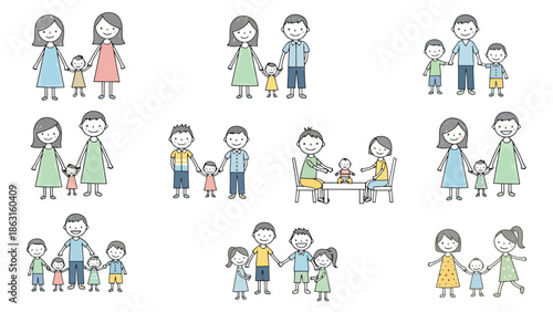 Diverse Family Unit Arrangements and Emotional Expressions Cartoon Figures
