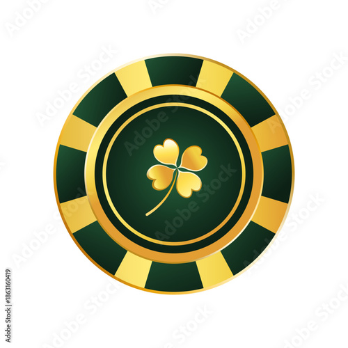 Gold and green  poker chips with four-leaf clover on white background. Gambling token with suit for poker and casino. VIP. Design for advertising, games, casino,  posters. Vector illustration.