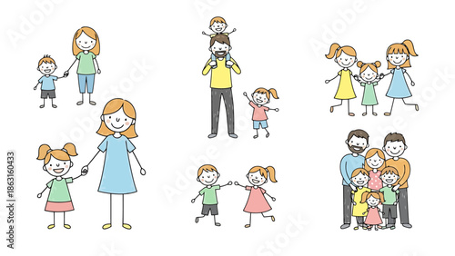 Charming Stick Figure Families Parents and Children in Various Compositions