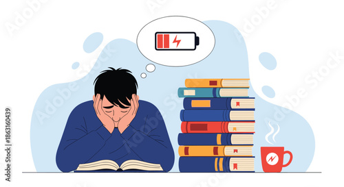 Tired male student sitting at a desk with a large stack of books and a low battery thought bubble representing burnout and exhaustion.