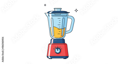 Modern electric blender with orange juice inside isolated on a white background with small star accents for kitchen appliance concepts.