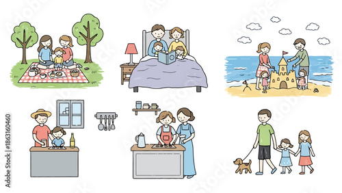 Collection of Scenes Depicting Family Activities and Daily Life Moments