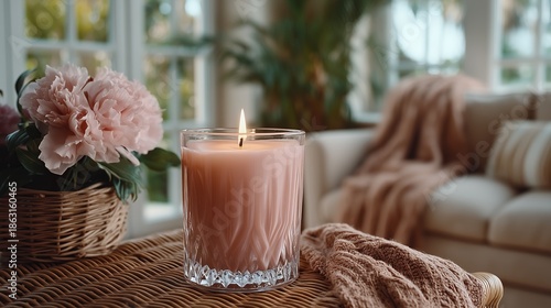 A pink candle sitting on top of a wicker table next to a basket of flowers