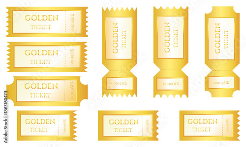 Collection of golden tickets in different shapes isolated on white background. Golden tickets for different events: casino, movie, games, theatere, festival, music, circus.  Vector illustration. 