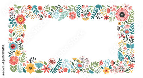 Beautiful rectangular floral frame composed of various colorful wild flowers and green leaves on a clean white background for borders.