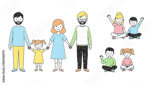 Diverse Family Groups Holding Hands and Sitting Together with Raised Arms