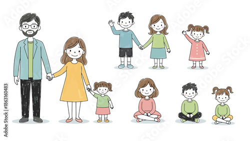 Diverse Family Group Hand Drawn Style Portrait Parents and Children Casual Poses