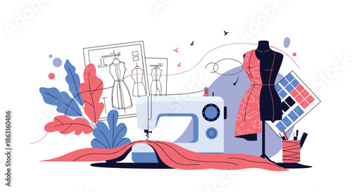Creative fashion studio setup with a sewing machine colorful fabric sketches on the wall and an elegant dress on a mannequin stand.