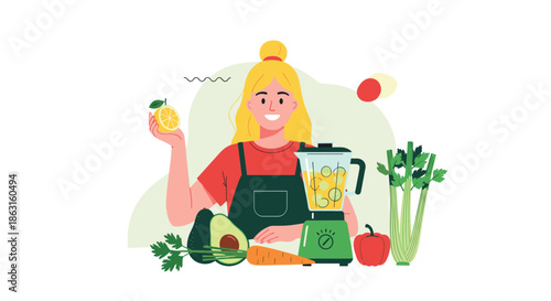 Healthy woman preparing a green vegetable smoothie with a blender and various fresh ingredients like avocado celery carrots and peppers.