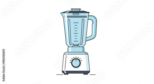 Electric kitchen blender illustration with a glass jar and control knob is isolated on a white background for cooking appliance design.